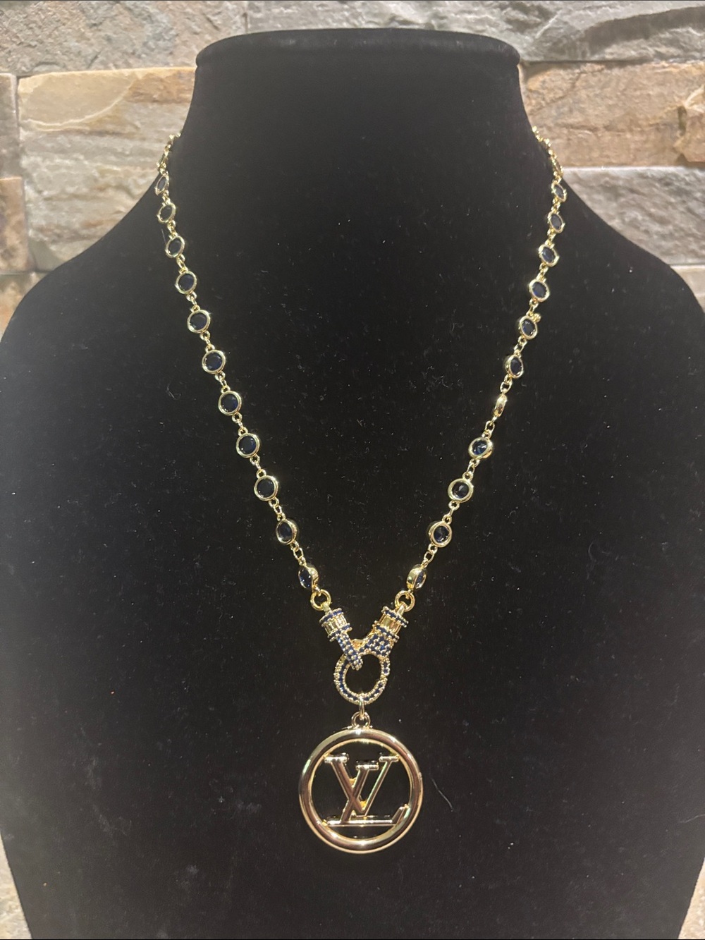 Gold Necklace with Navy Accents and LV Medallion